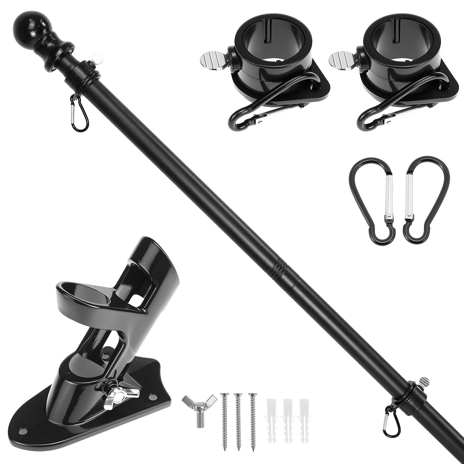 QWORK® Kit Portabandiera da Esterno - Bandiera in Metallo Opaco 180 cm con Staffa a Muro, Testa a Gomito e Anello di Rotazione - Sospensione 45°/90° - Lunghezza Regolabile