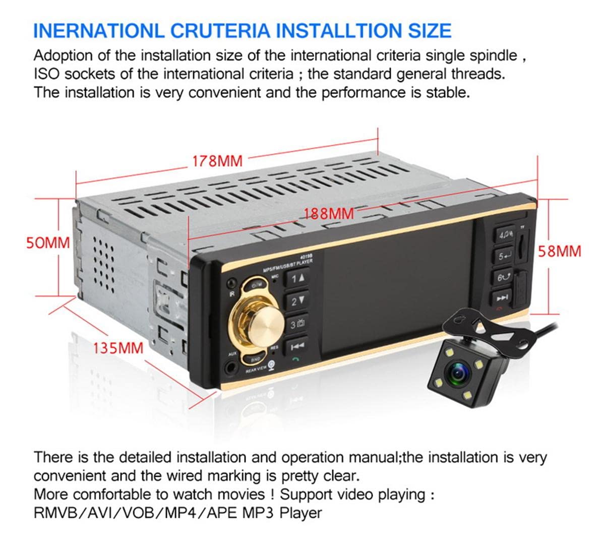 4.1 cal 1 Din Radio samochodowe Audio Stereo 1Din USB Radio AUX FM Stacja Bluetooth z kamer? cofania Pilot zdalnego sterowania