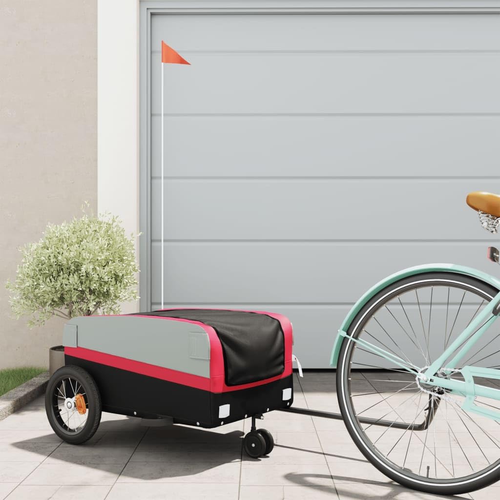 Przyczepa rowerowa z żelaza, czarna, udźwig, składana, z flagą bezpieczeństwa, sprzęgło do transportu ładunków, bagażu, aktywności na świeżym powietrzu, podróży, na co dzień