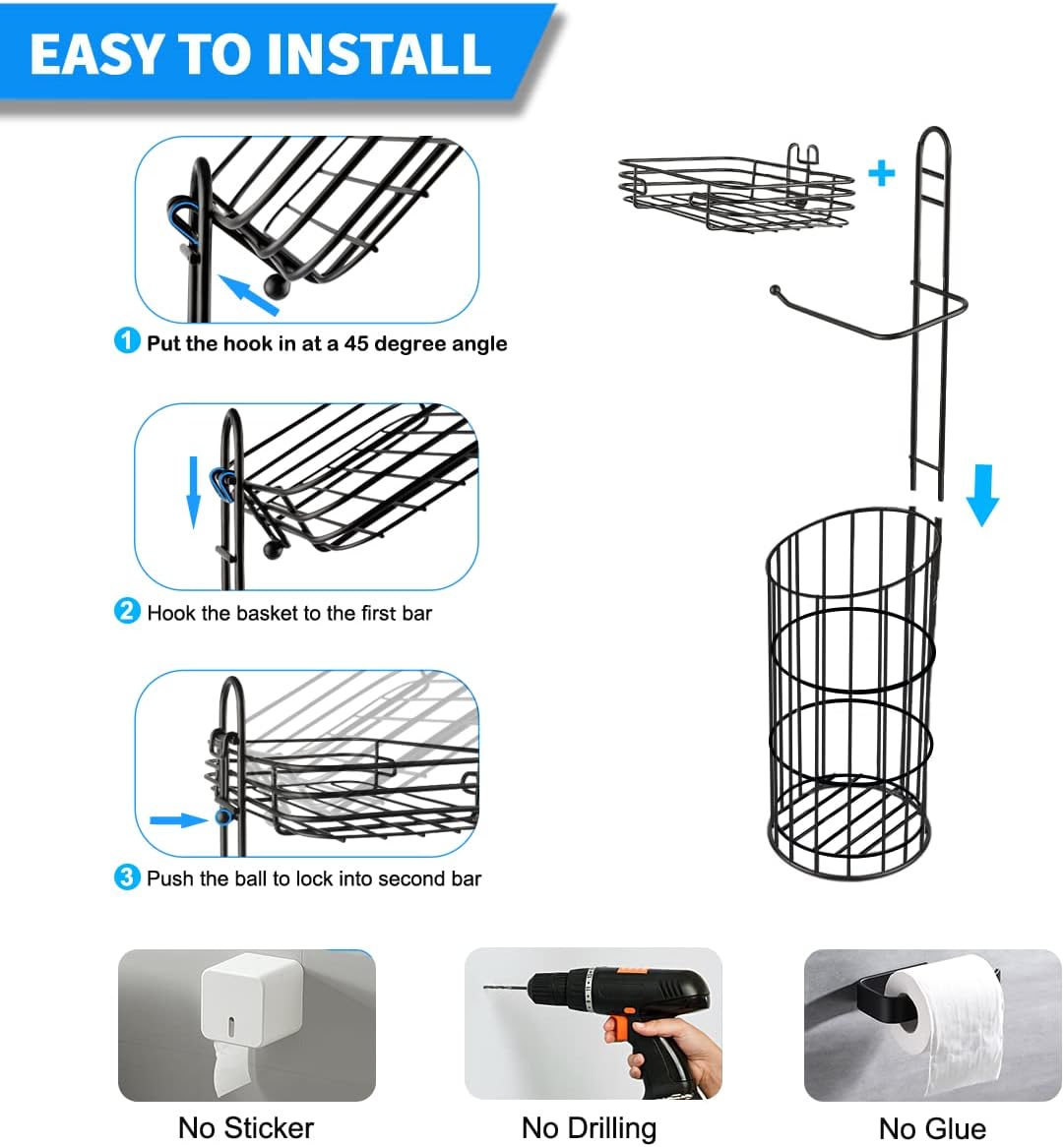 Toilet Paper Holder Stand, Free Standing Toilet Tissue Paper Rolls Dispenser with Shelf, Bathroom Tissue Storage Holds Reserve 4 Mega Rolls, Matt Black : Tools & Home Improvement