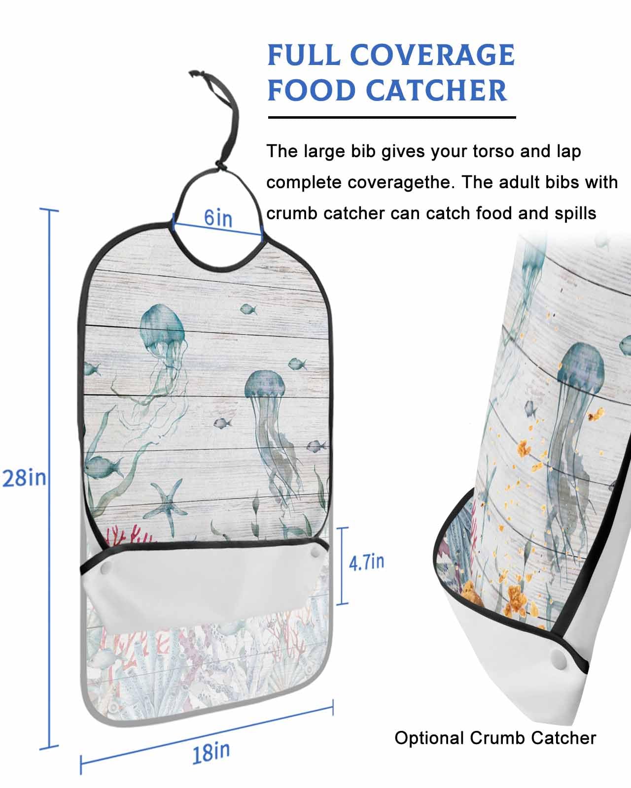 Ocean Jellyfish Adult Bib for Adults Men, Women, Sea Coral Seaweed Starfish Woodgrain Washable & Adjustable Terry Cloth Bib with Crumb Catcher Reusable Waterproof Clothing Clothes Protector Apron