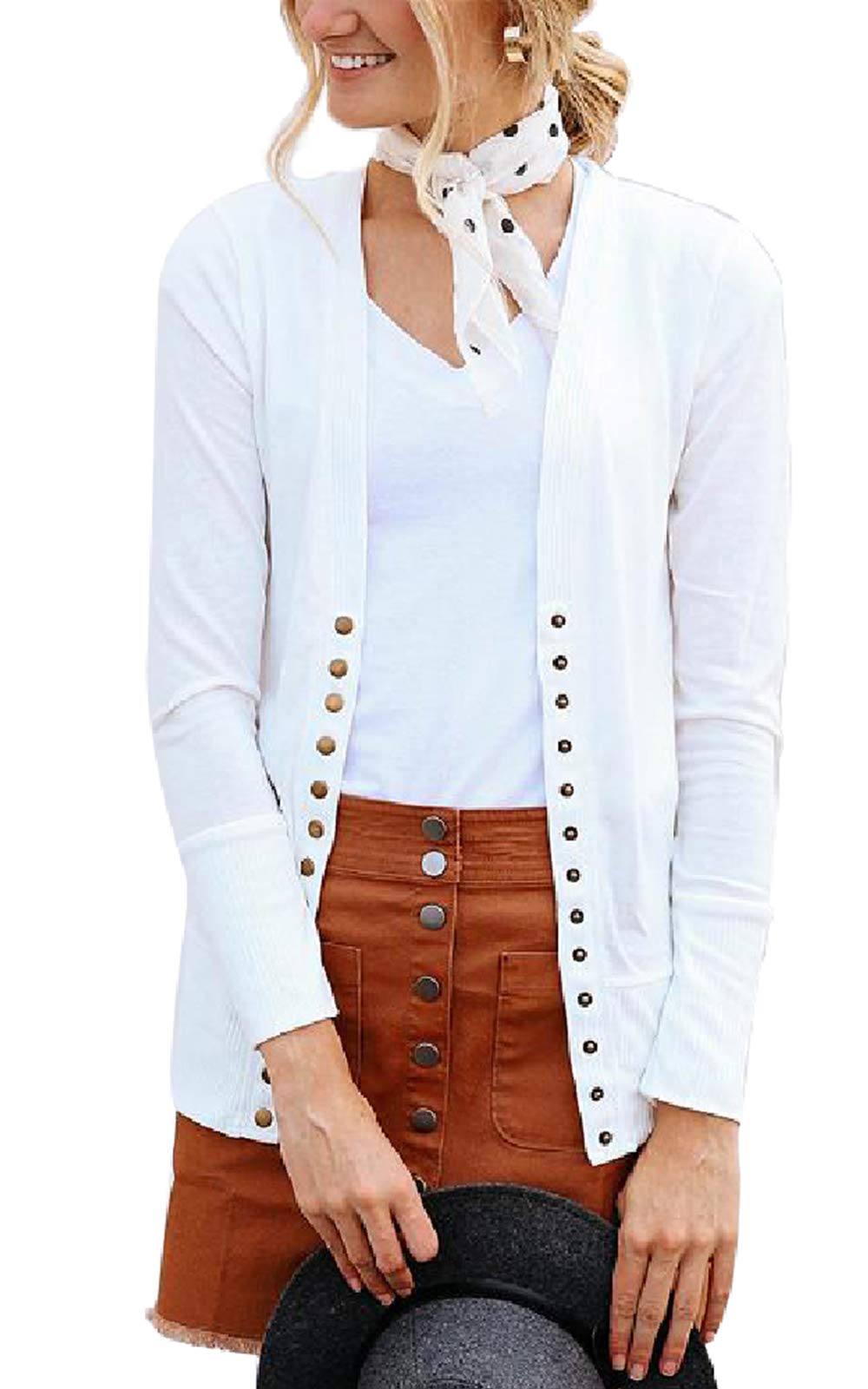 VERABENDIWomen Long Sleeve Snaps Button Down V Neck Cute Knit Sweater Cardigan