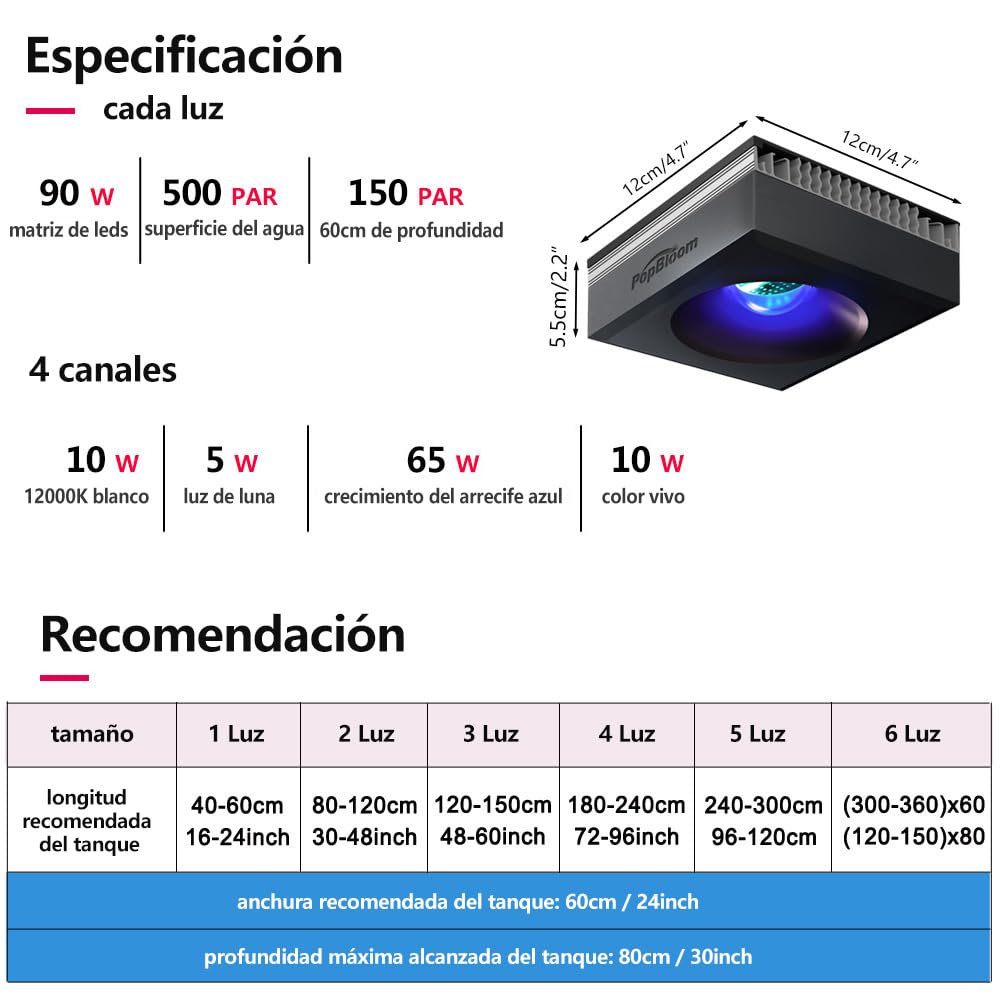 Luz LED para acuarios de arrecife PopBloom RL90, iluminación LED inteligente para arrecifes controlada por aplicación, adecuada para entornos marinos mixtos de arrecife SPS/LPS.