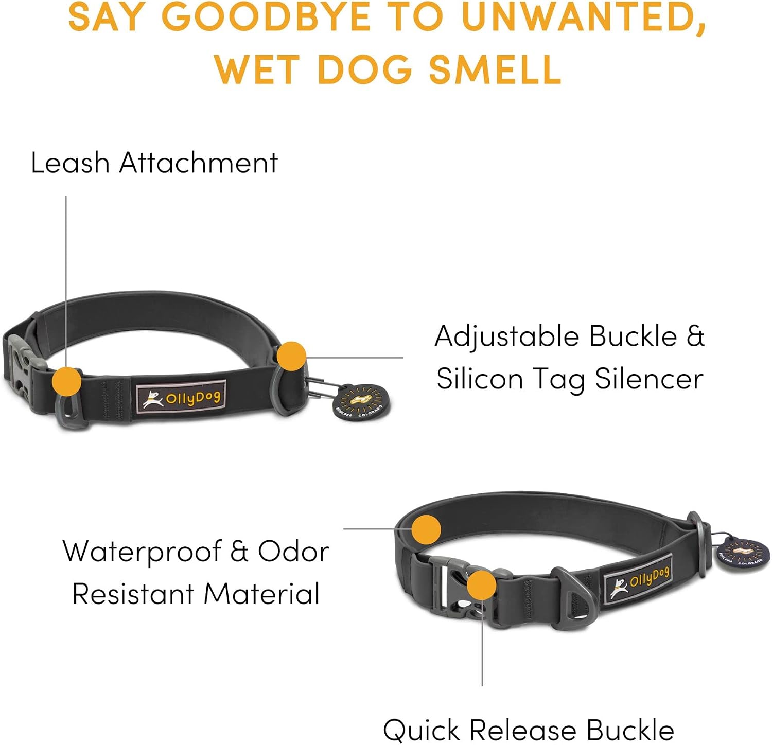 OllyDog Tilden Collar, Waterproof Dog Collar with Quick Release Buckle, Coated Stink-Proof Webbing, Lightweight Collar for Large, Medium and Small Dogs (Large, Black) image 2