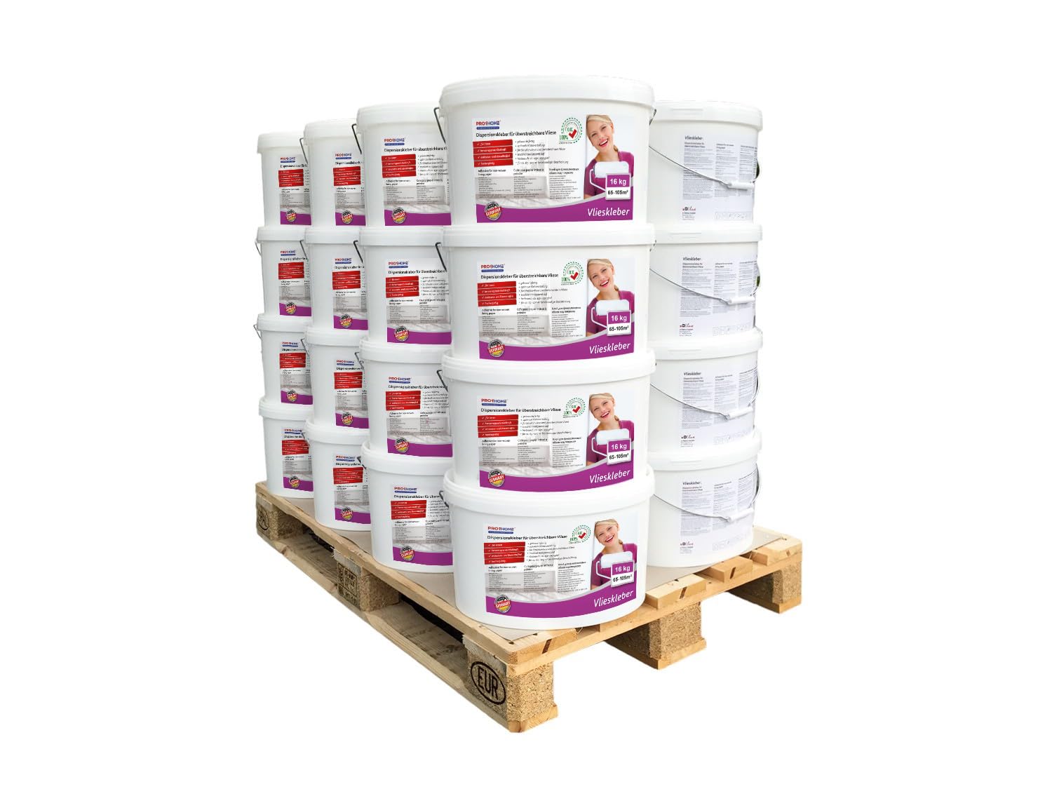 Pegamento listo para usar PROFHOME adhesivo para superficies murales pegamento para no tejidos sin conservantes turbio transparente cuando está seco 1 paleta 32 cubos 512 kg