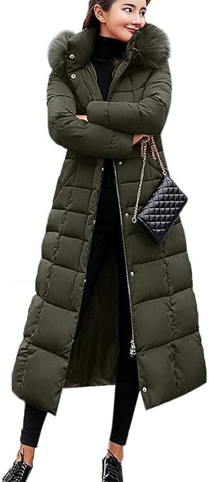 Yuson Girl Winterparka voor dames, lange gewatteerde jas, fleece gevoerd, herfst, winter, dikke warme parka met bont, waterdicht, outdoor, elegante parka met zak, legergroen, XL