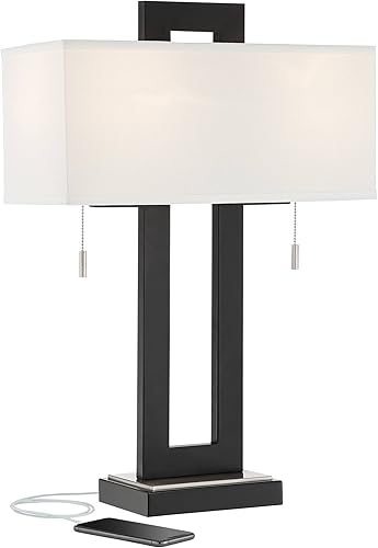 Miniatura 2 de 360 Lighting Neil - Lámpara de mesa rústica moderna de 26 pulgadas de alto con puerto de carga USB, color negro, metal abierto, tela blanca,