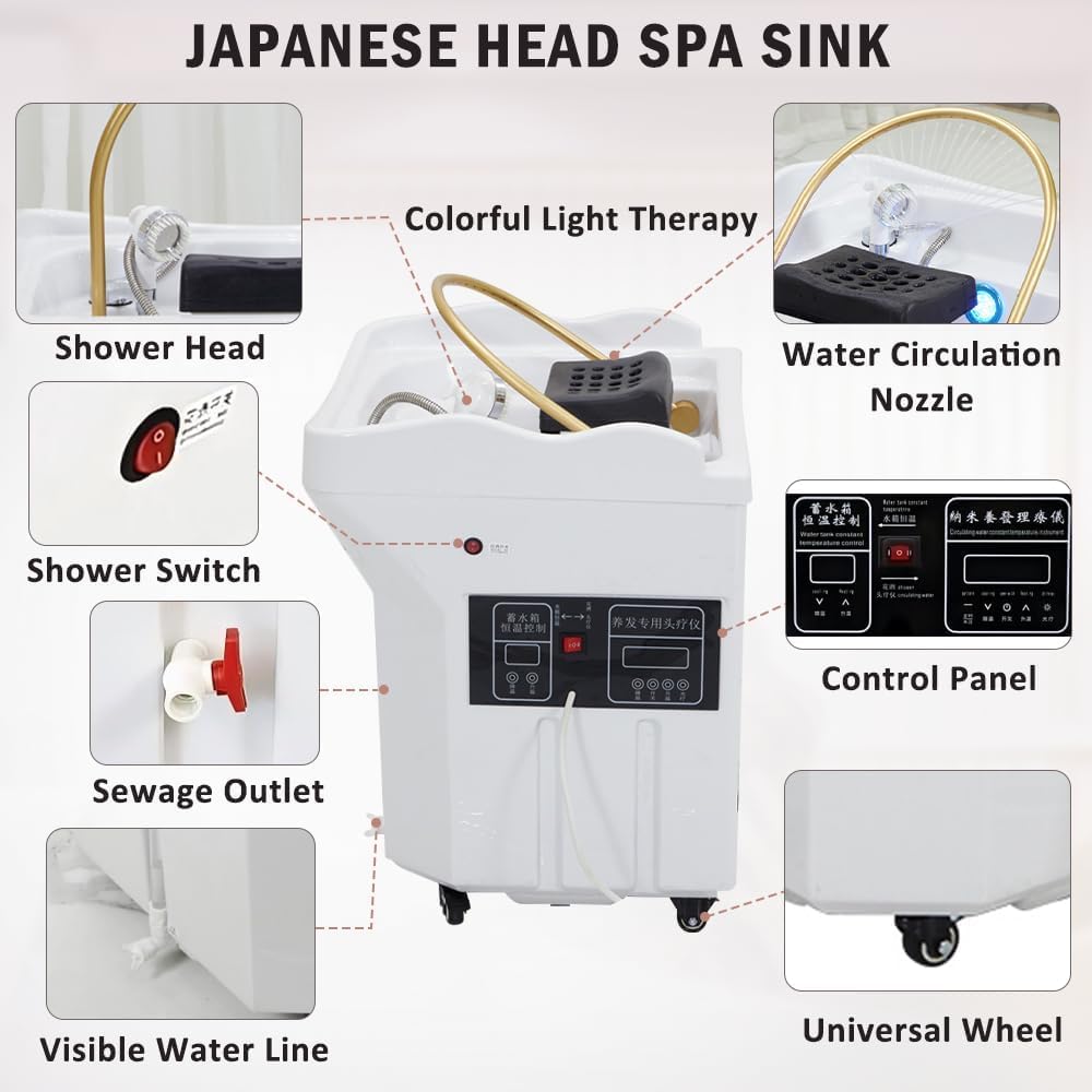 Head Spa Equipment, duży zbiornik na wodę 60 l, łóżko do szamponu do masażu, basen do cyrkulacji wody, fumigacja i terapia światłem oraz pielęgnacja głowy japońska głowa spa przenośna umywalka do