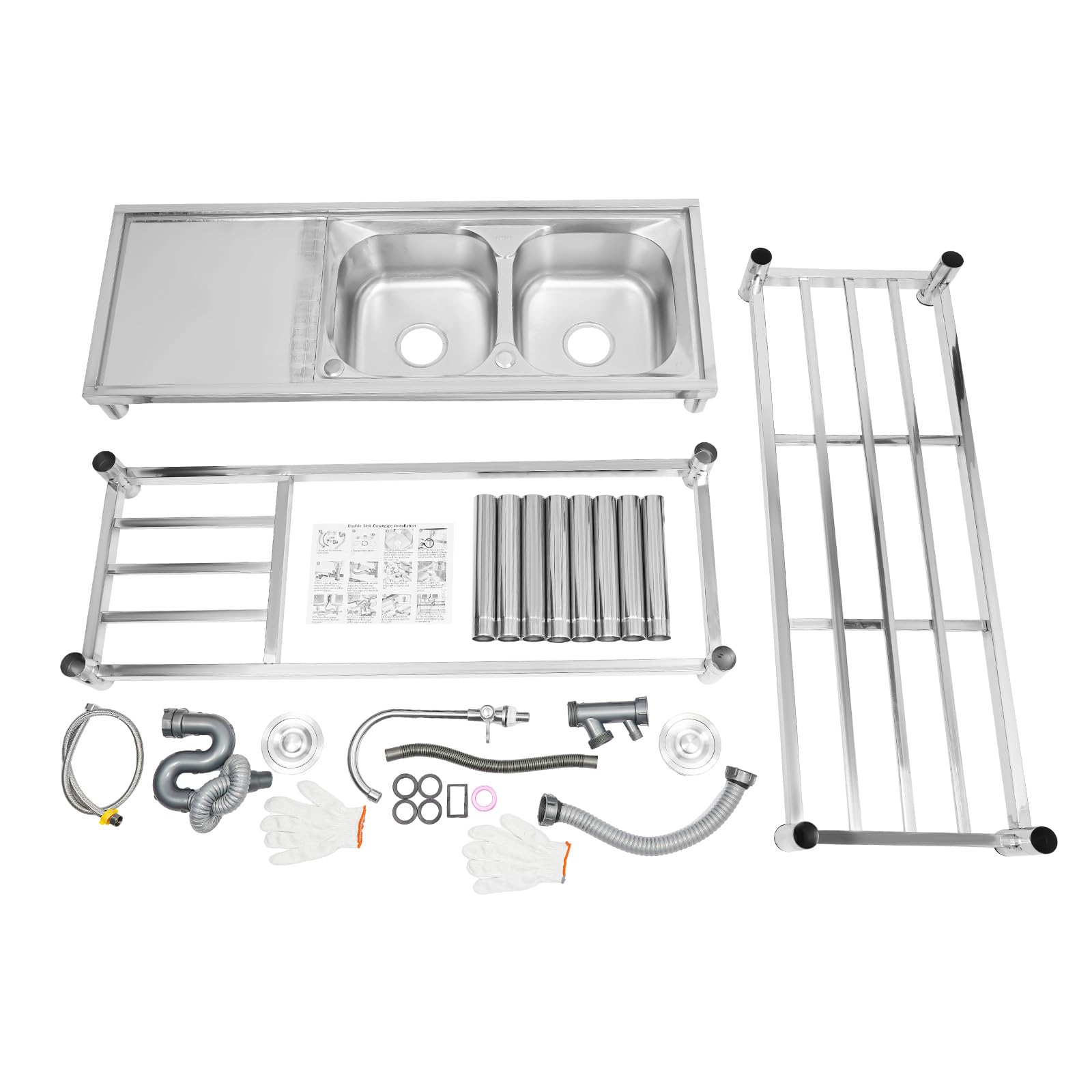 Lavello da cucina in acciaio inox, a 2 vasche a 3 livelli, autoportante, con rubinetto, per ristorante, campeggio, 120 x 45 x 80 cm, con accessori e scolapiatti