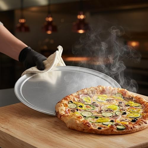 Miniatura 2 de Juego de 3 bandejas de aluminio para pizza de 17 pulgadas de ancho con borde ancho, bandeja redonda para pizza, bandeja para hornear para el hogar,