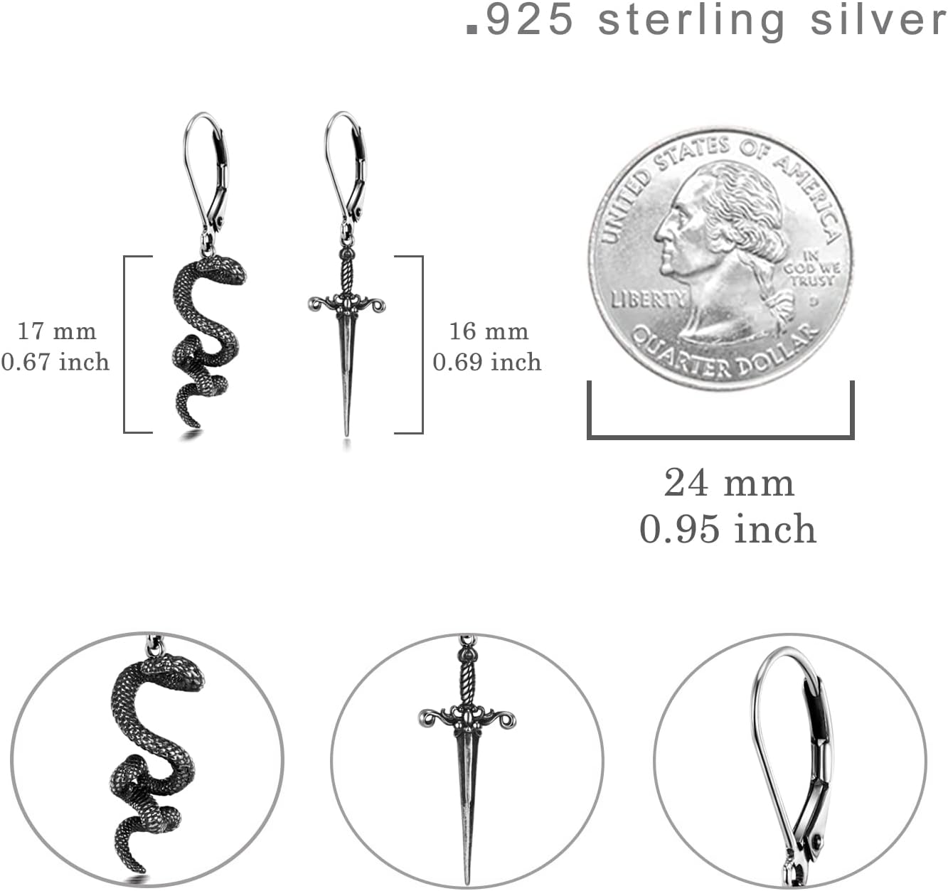 Gothic Snake Sword Earrings 925 Sterling Silver Dangle Drop Goth Jewelry Gifts for Women - Image 6