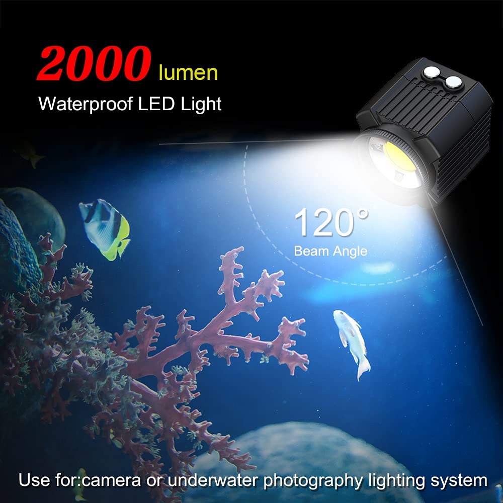 60 m Unterwasser-Fülllicht, LED, 2000 lm, wasserdicht, IPX8, für GoPro Hero9, Hero8, Hero7, 6, 5, für Insta360, One R, DJI Osmo Action