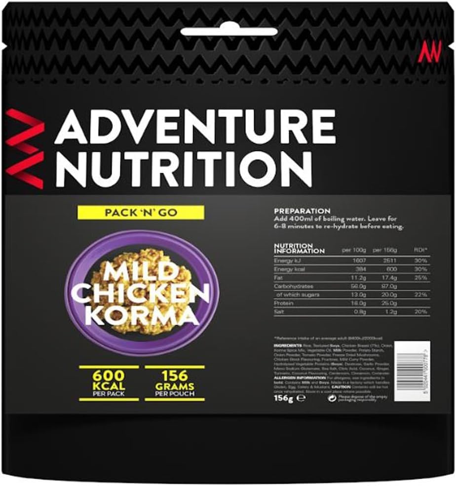 Adventure Nutrition Pack N Go 600 Kcal Freeze Dried Food Mild Chicken Korma - Camping, Ready Meals, Survival Kits, Emergency Food, Hiking