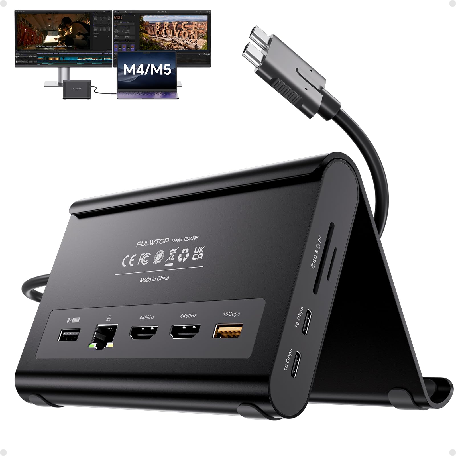MacBook Docking Station Dual Monitor 4K@60Hz für MacBook Pro/Air M3/M4/M5, USB C Docking Station Stand mit 2 HDMI, 100W PD, Ethernet, 10Gbps USB A/C, Audio, SD/TF, USB 2.0(Not for Windows)