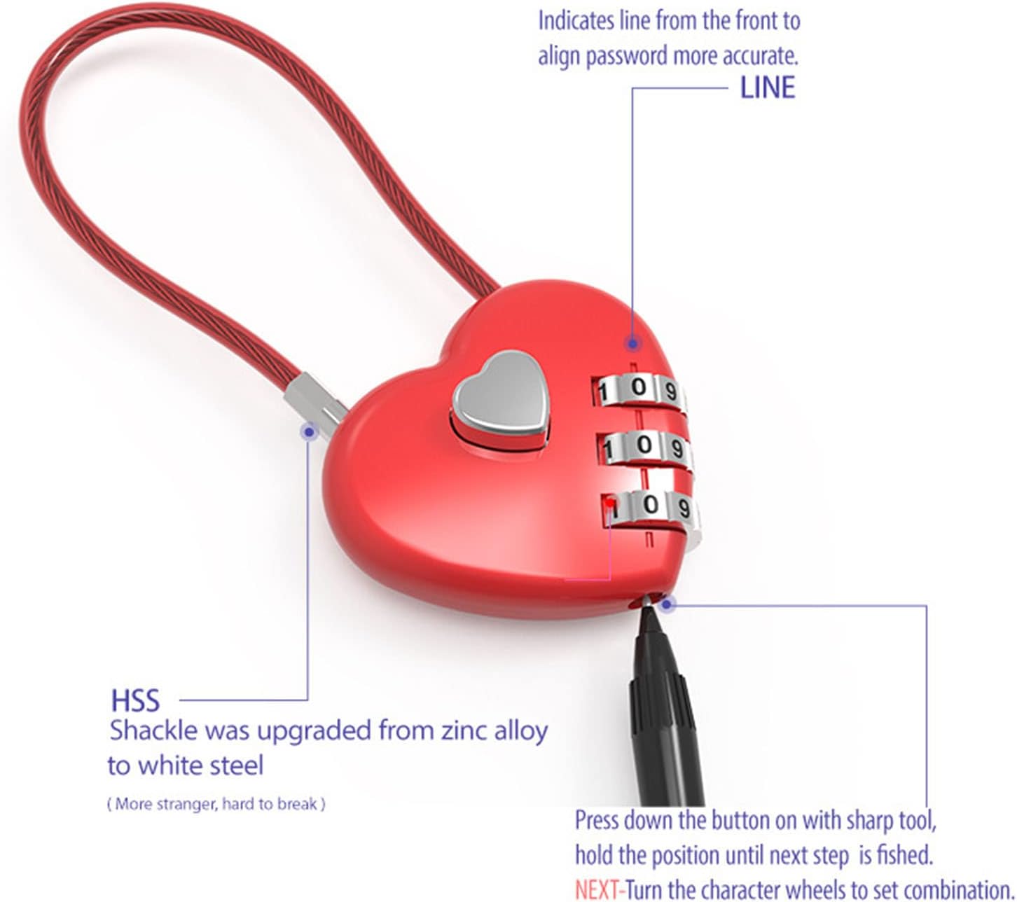 Love Shape Lock Wedding Gift Heart Password Code Padlock Trolley-Case Concentric-Lock Long Wire Rope Password Padlock, Pink