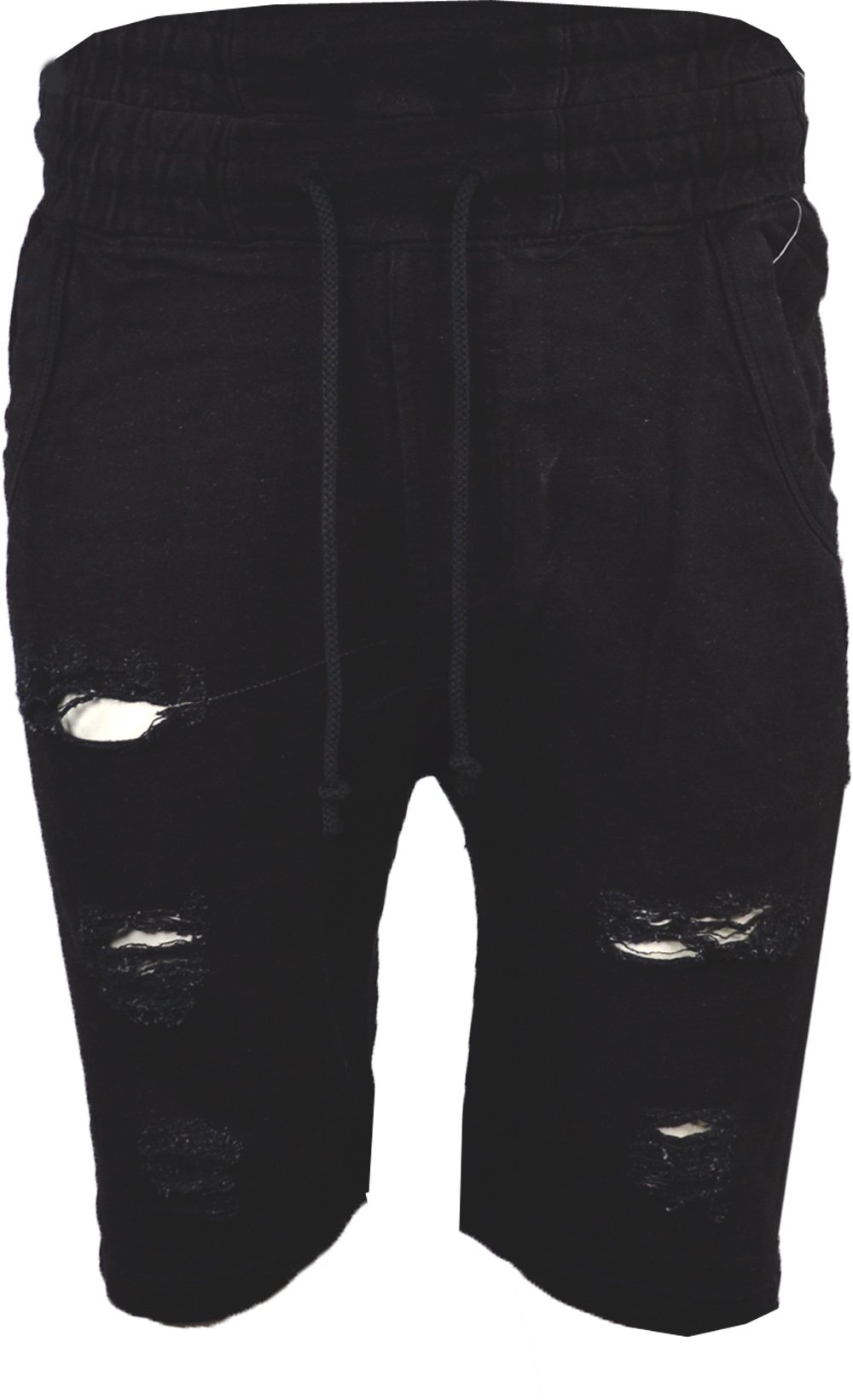 Mens Denim Distressed Ripped Frayed Style Shorts Elasticated Waist XS-XXL 28-42 (M, Black Denim)