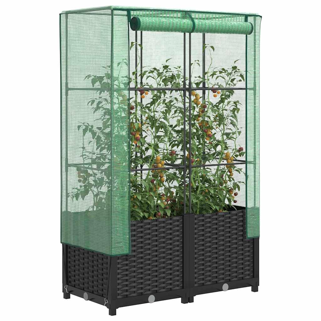 Jardinera con accesorio de invernadero de 80 x 40 x 138 cm, para tomates en aspecto de ratán, maceta para jardín y balcón, marco estable con cubierta para verduras, hierbas y flores, color