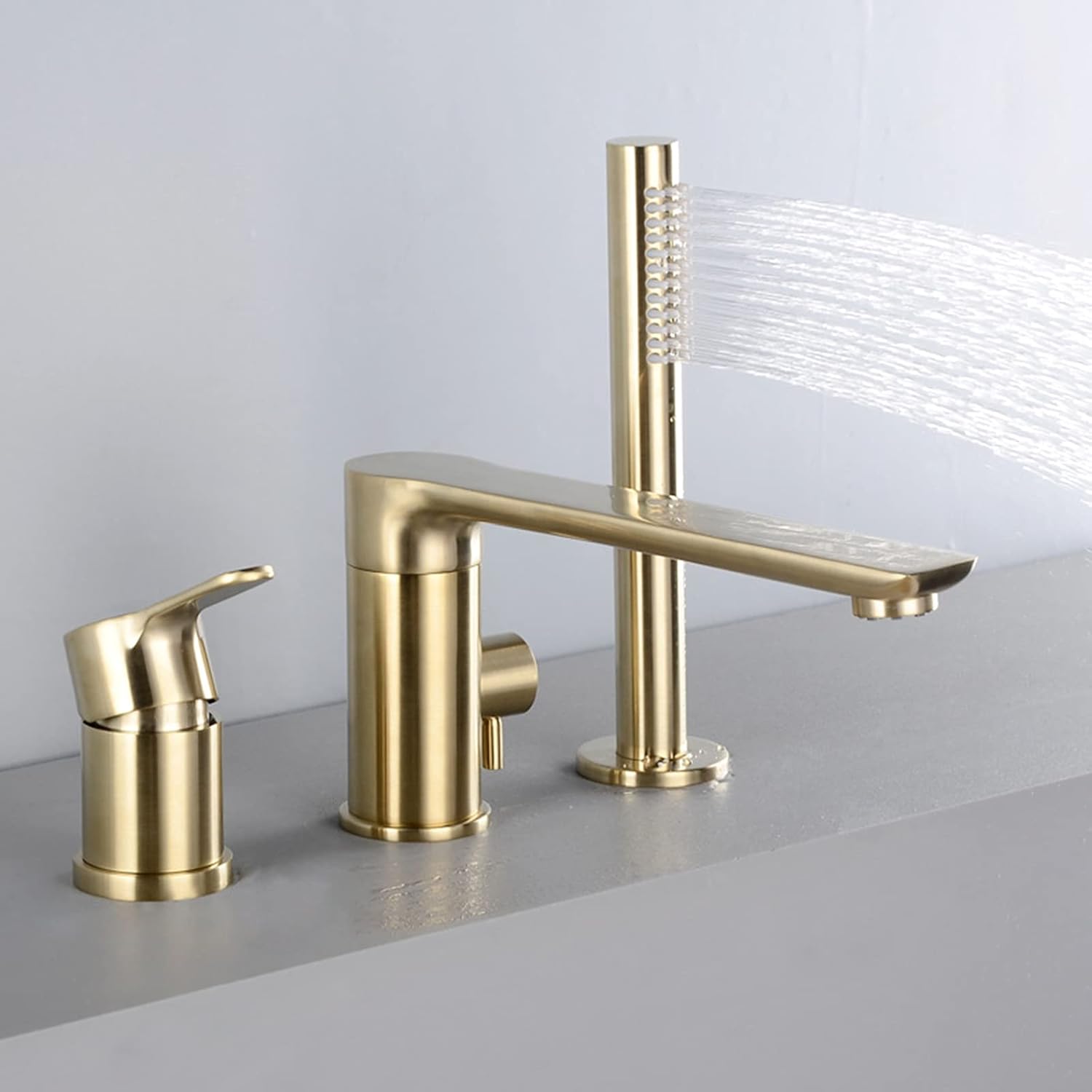 Split Bathtub Faucet, All Copper Brushed Gold Basin Faucet, Three Or Four Hole Hot and Cold Water Mixer Tap, 360°Rotation Bathroom Faucet Set with Portable Shower,A (Color : A)