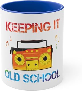 Taza de café de 325 ml, colores con texto en inglés "Keeping It Old School Classic Music", color azul
