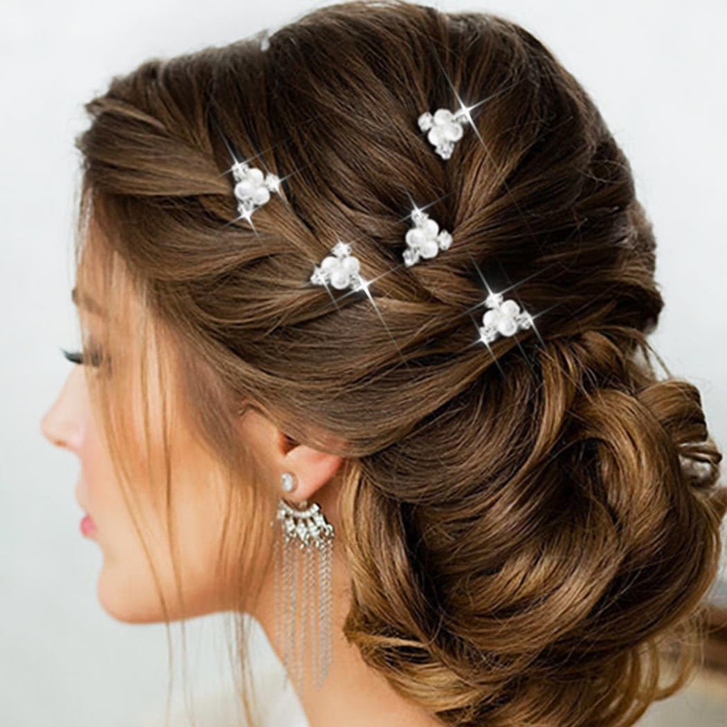 Silver Rhinestone Pearl Wedding Hair Clips - 4 Pack Amazon.com : Unicra Silver Bride Wedding Hair Pins Pearl  main image 2
