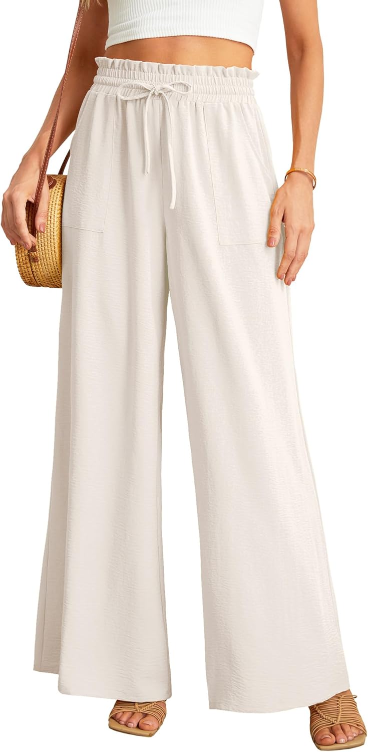 JINKESI Women Wide Leg Pants High Waist Loose Flowy Adjustable Tie Knot Trousers Business Casual Pants with Pockets