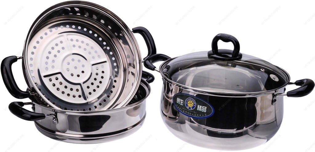 M.V. Trading S7328B Stainless Steel 3 Tiers Steamer Pot Steaming Cookware, 28cm (11-Inches)