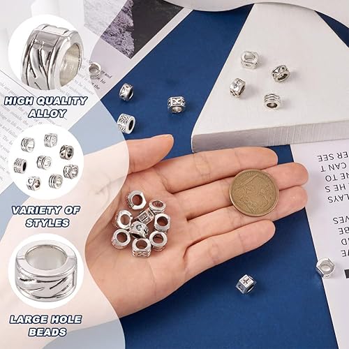 Miniatura 4 de KISSITTY 80 unidades/caja de cuentas espaciadoras de agujeros grandes estilo tibetano cuentas de metal plateado antiguo cuentas sueltas 8 estilos