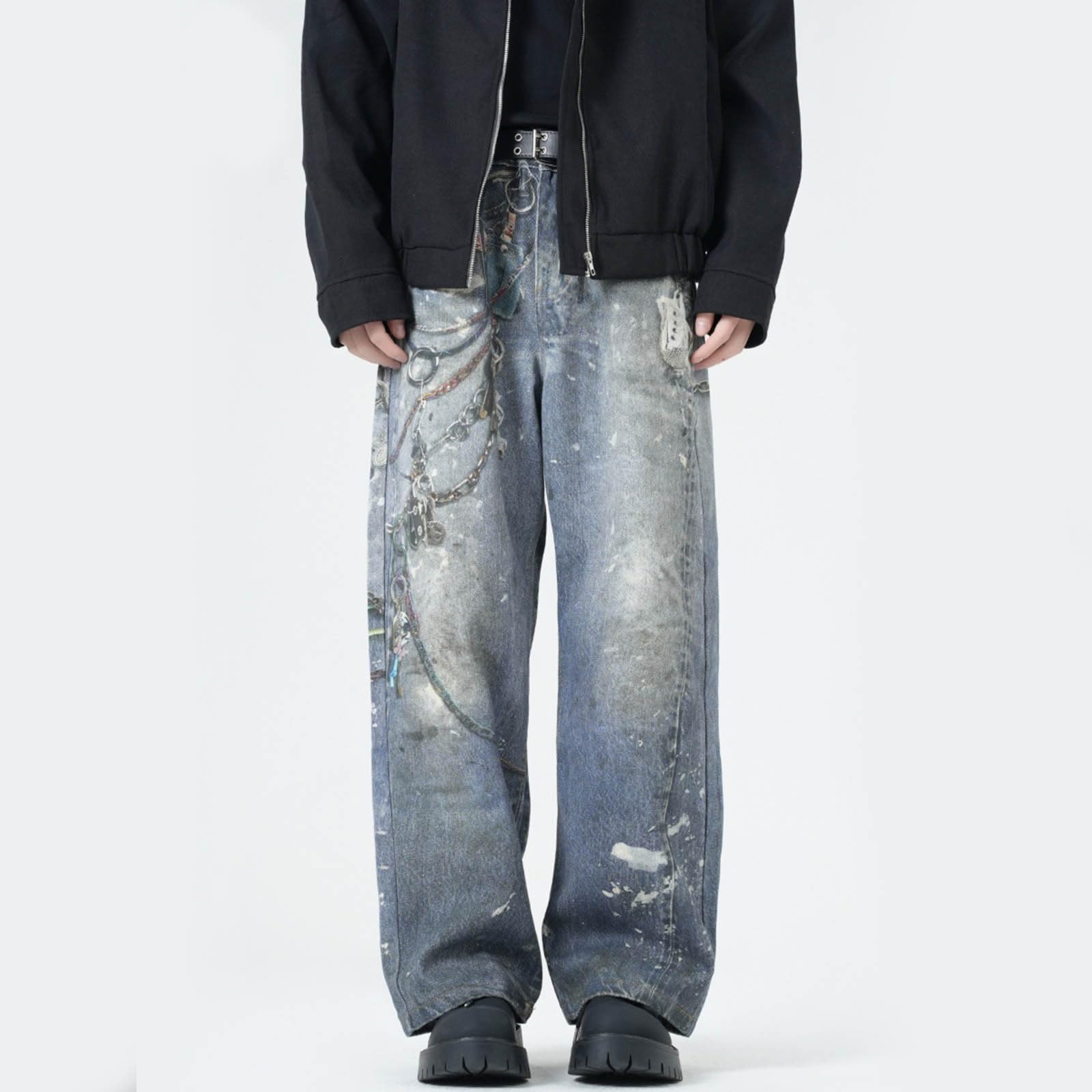 Generico Jeans Uomo Baggy Balloon Moto Strappati Fit Slim Pantaloni Flared Loose Elefante Larghi Invernali Jins Y2K Salopette Zampa Bootcut