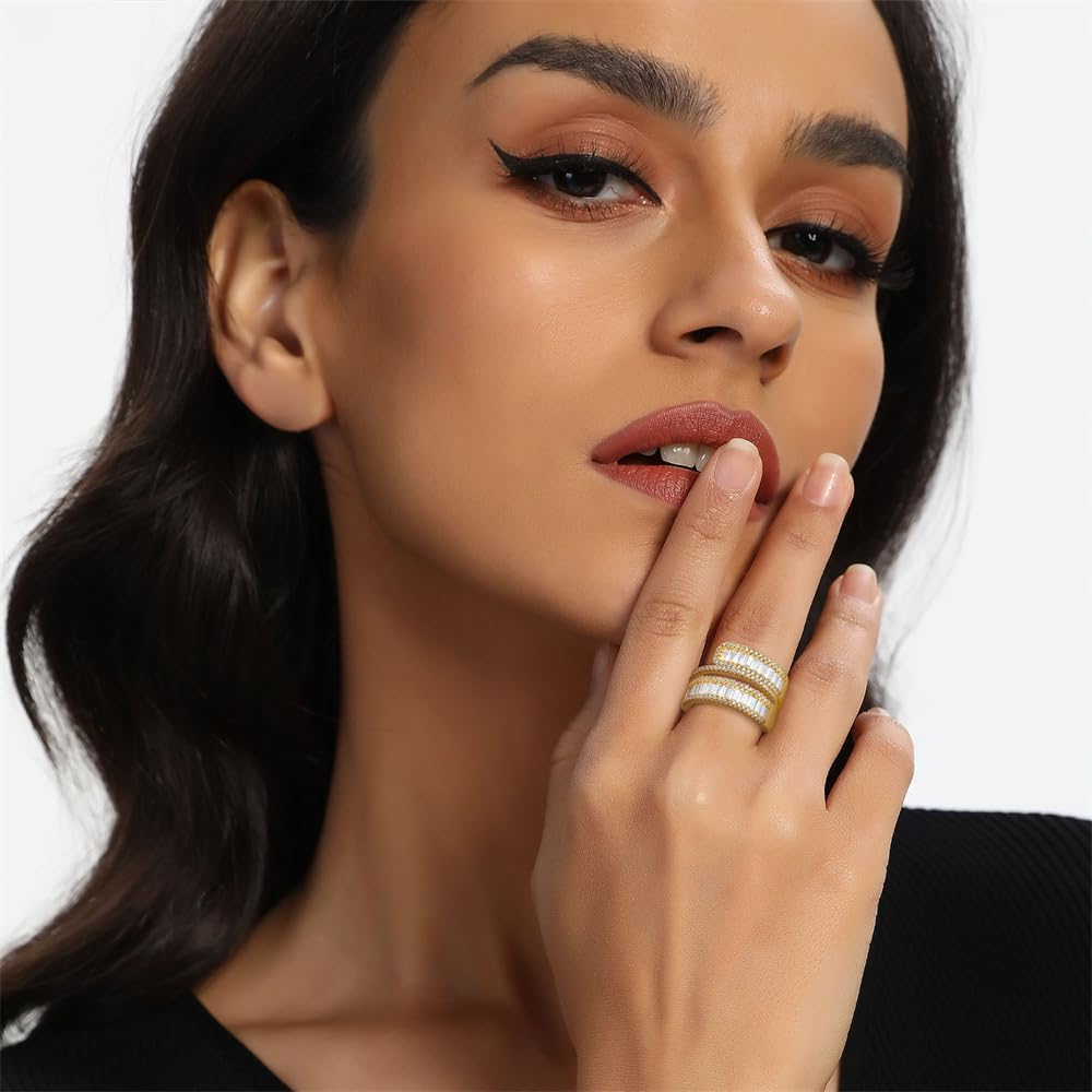 MDFUN 18K Yellow Gold Plated Engagement Promise Wedding Eternity Ring for Women, 2 Rows Emerald Cut Cubic Zirconia Halo Rings Size 5-10 - Image 2