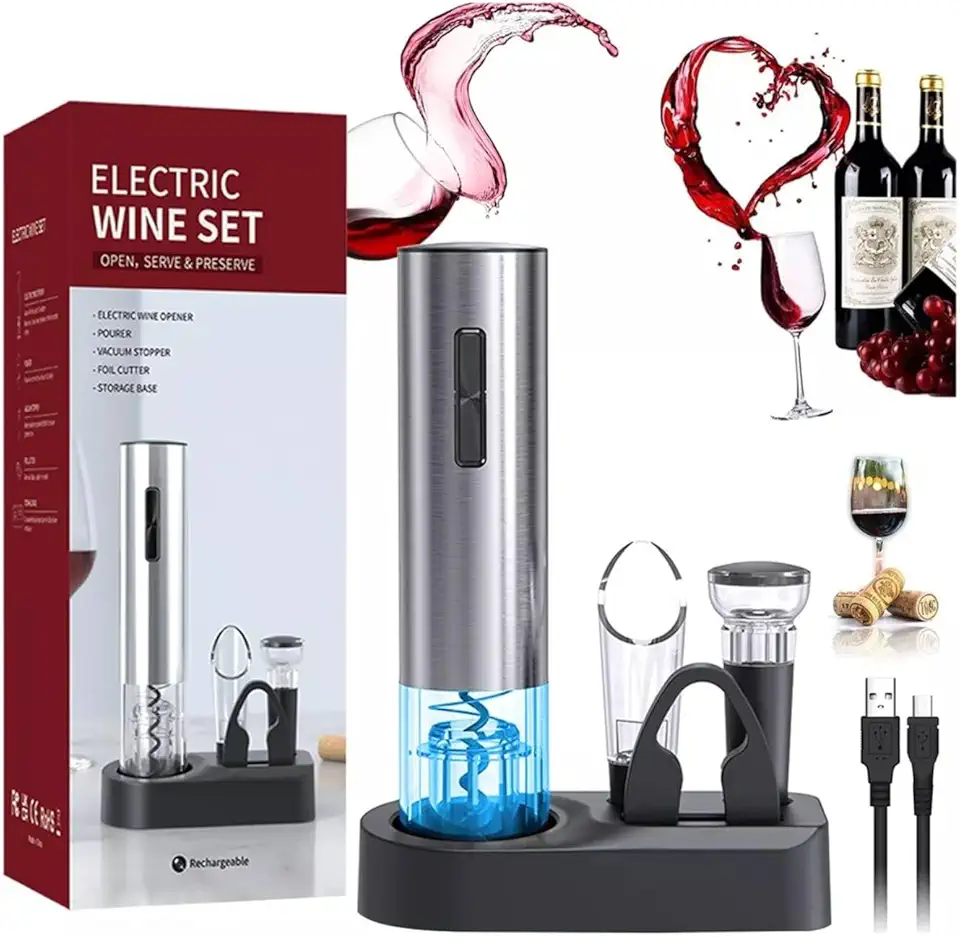 Kit Abridor De Vinho Elétrico - Recarregáve, Saca Rolhas Vinho Eletrico com Base, Despejador e Cortador de Cápsulas - Ideal para Casa, Restaurantes e Presente para Amantes de Vinho
