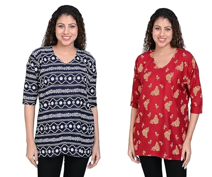 OFEEFAN Women’s Rayon Printed Short Kurtis – Pack of 2 | Ethnic Wear for Women | Regular Fit Comfortable Kurtas for Casual – Blue,Red