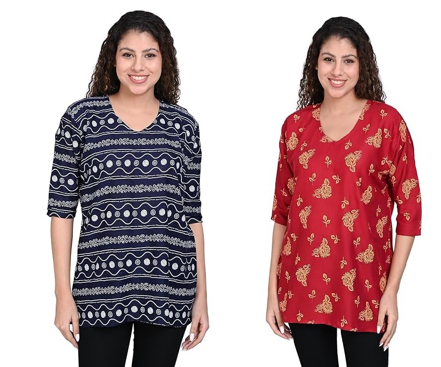 Image of OFEEFAN Women's Rayon Printed Short Kurtis - Pack of 2 | Ethnic Wear for Women | Regular Fit Comfortable Kurtas for Casual