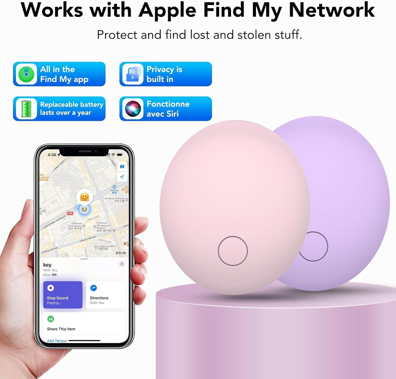 Bluetooth Schlüsselfinder 4er Pack, Smart Tag Kompatibel mit Apple Wo ist APP(nur iOS), Air Tracker Tag für Schlüssel/Gepäck/Koffer/Brieftasche, IP68 Wasserdicht, Austauschbarer Akku