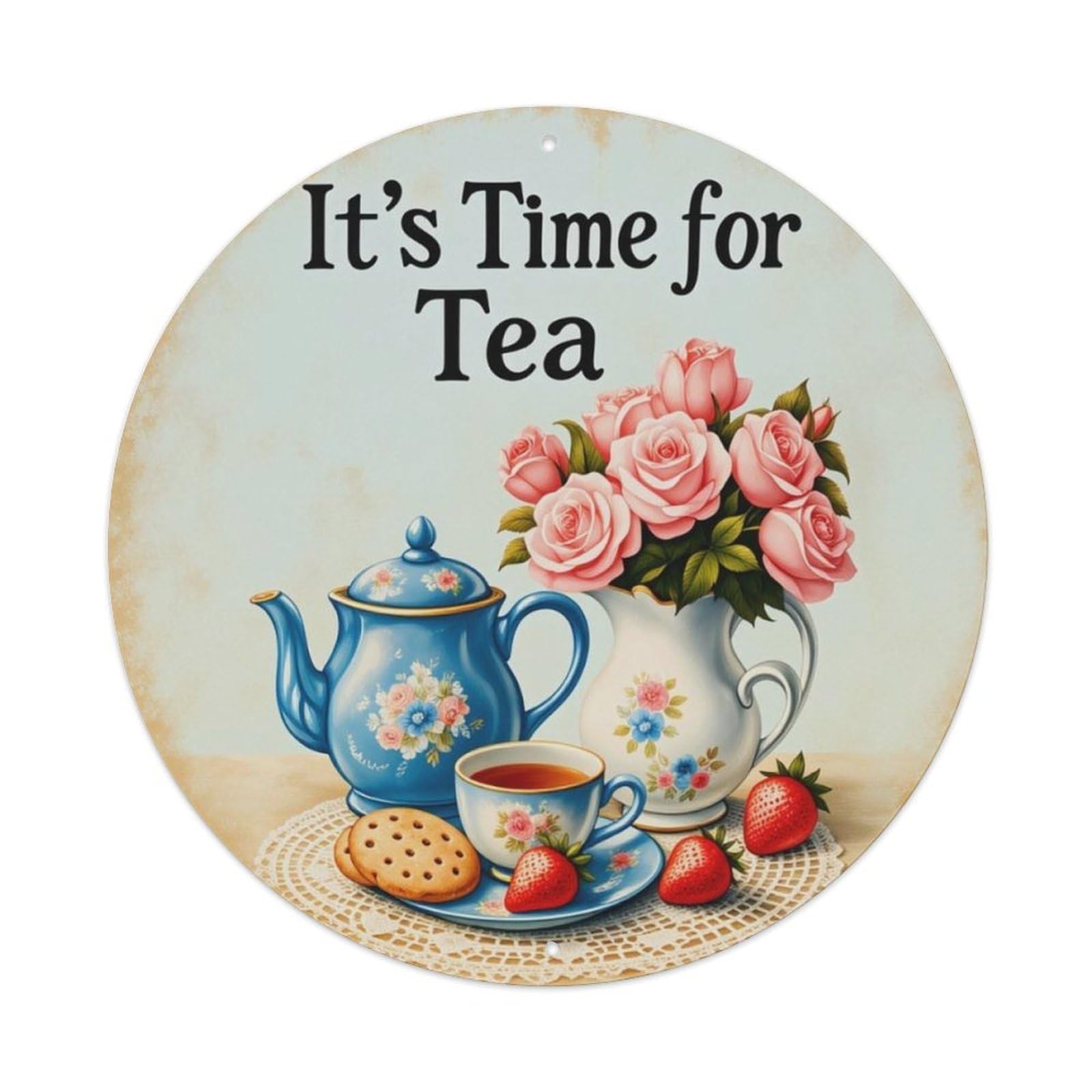 British Vintage Rose Afternoon Tea Round Decor Sign Vintage Aluminium Metal Sign, Retro Wall Decor for Home, Bar, Garage & Farmhouse 20x20cm