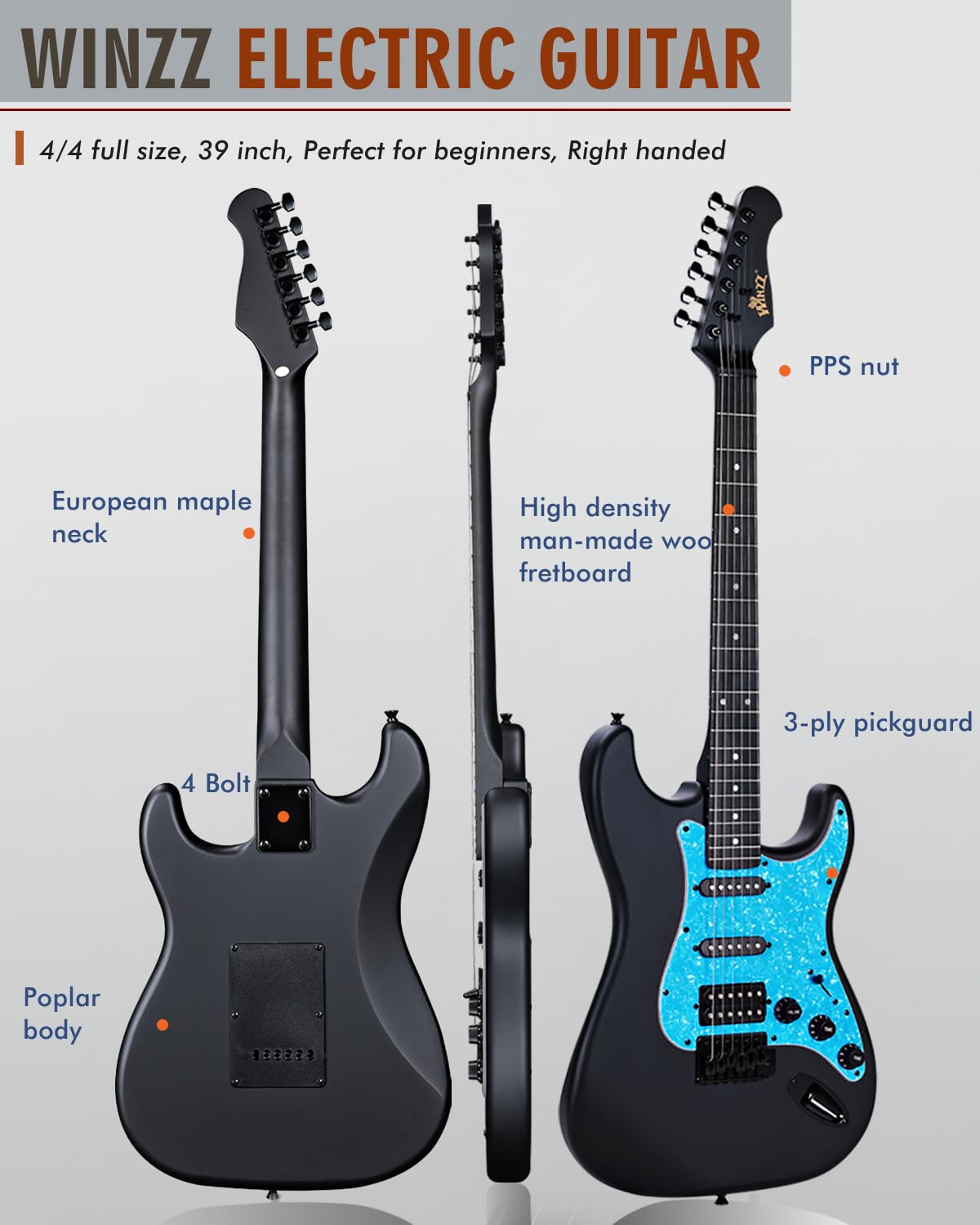 Winzz Erwachsene E-Gitarre 4/4 Größe, ST HSS Tonabnehmer, für Anfänger Starter Paket mit 12 Zubehör, Ideal Kinder E-Gitarre Kit 12+ Jahre (39" Matte Schwarz, Blau Schlagbrett)
