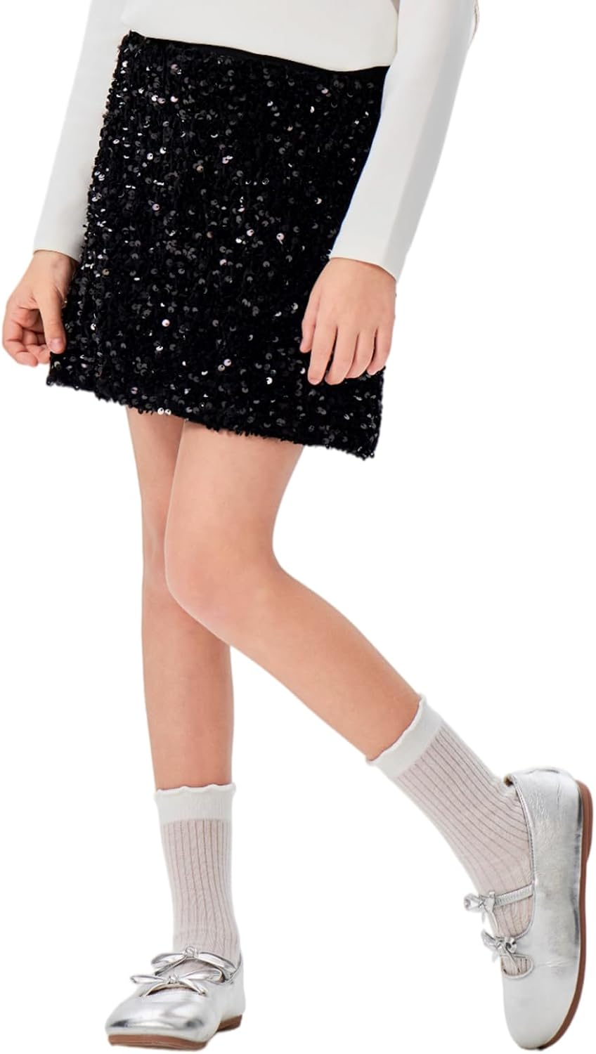 Girls Sparkly Sequin A Line Skirt Kids Elastics Waist Shiny Skirt with Built in Shorts for Party Birthday