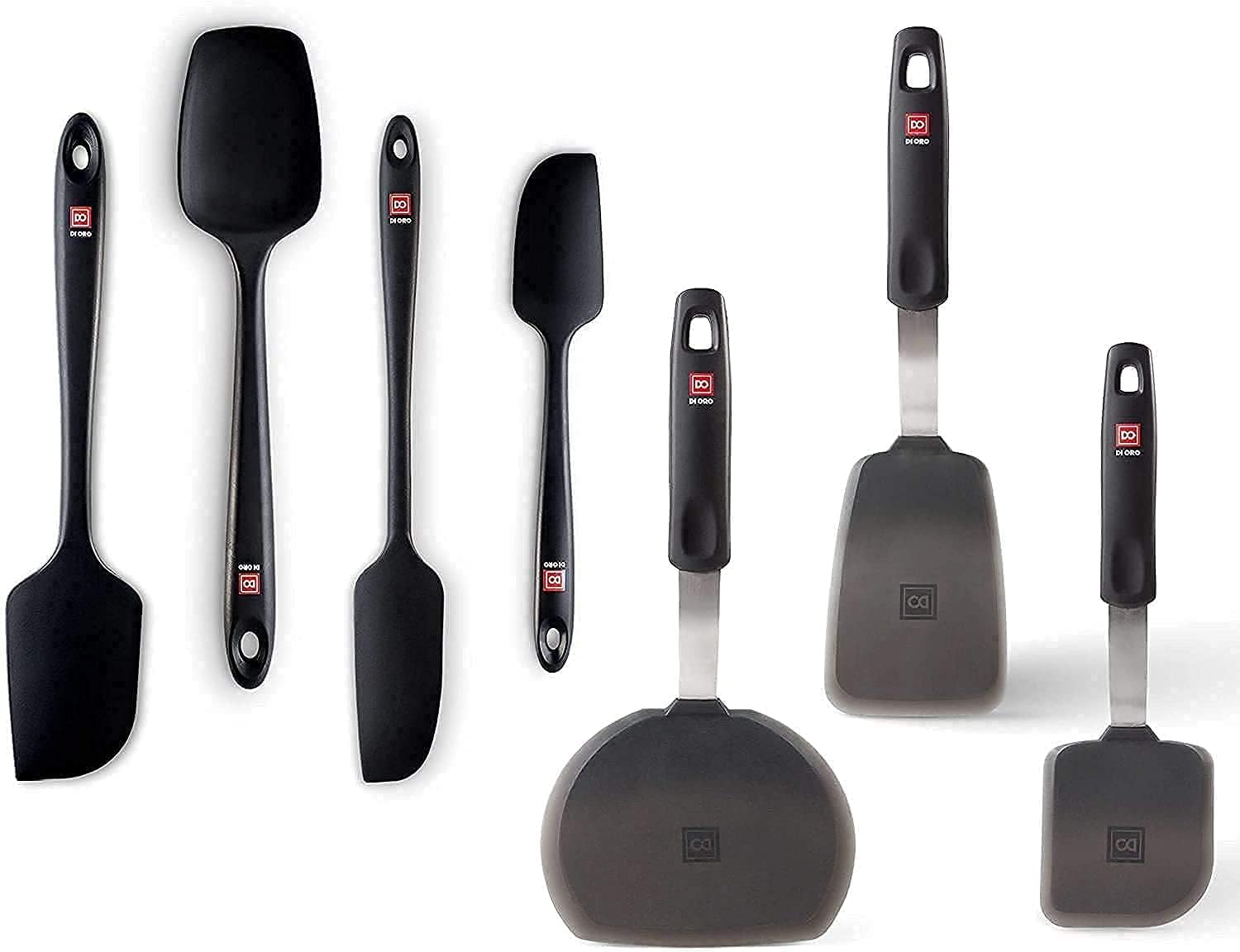 DI ORO Gourmet Series 7-Piece Silicone Spatula Set - 600F Heat-Resistant - 3 Turner and 4 Seamless Spatulas - LFGB Certified, BPA Free (Black)
