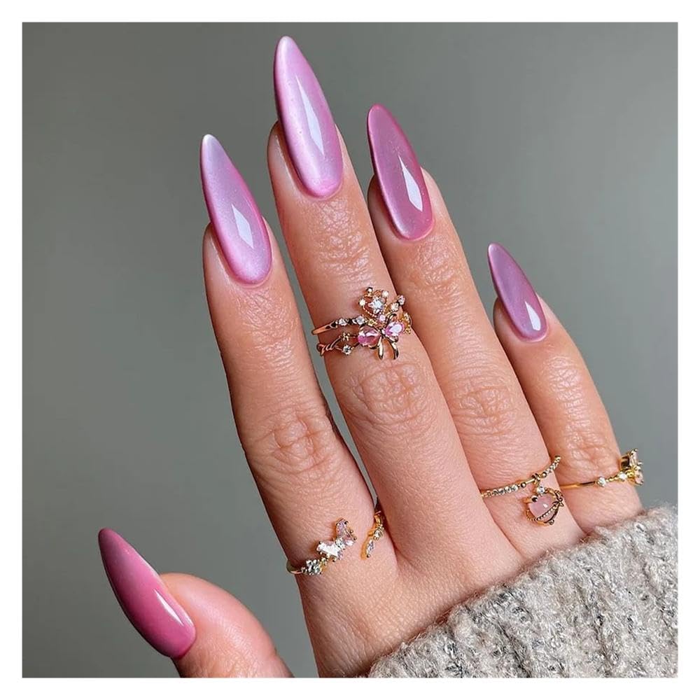 24pcs Gradient Rose Pink False Nails Glossy Cat Eye Design Almond Press On Nails Patch DIY Manicure(Y4)