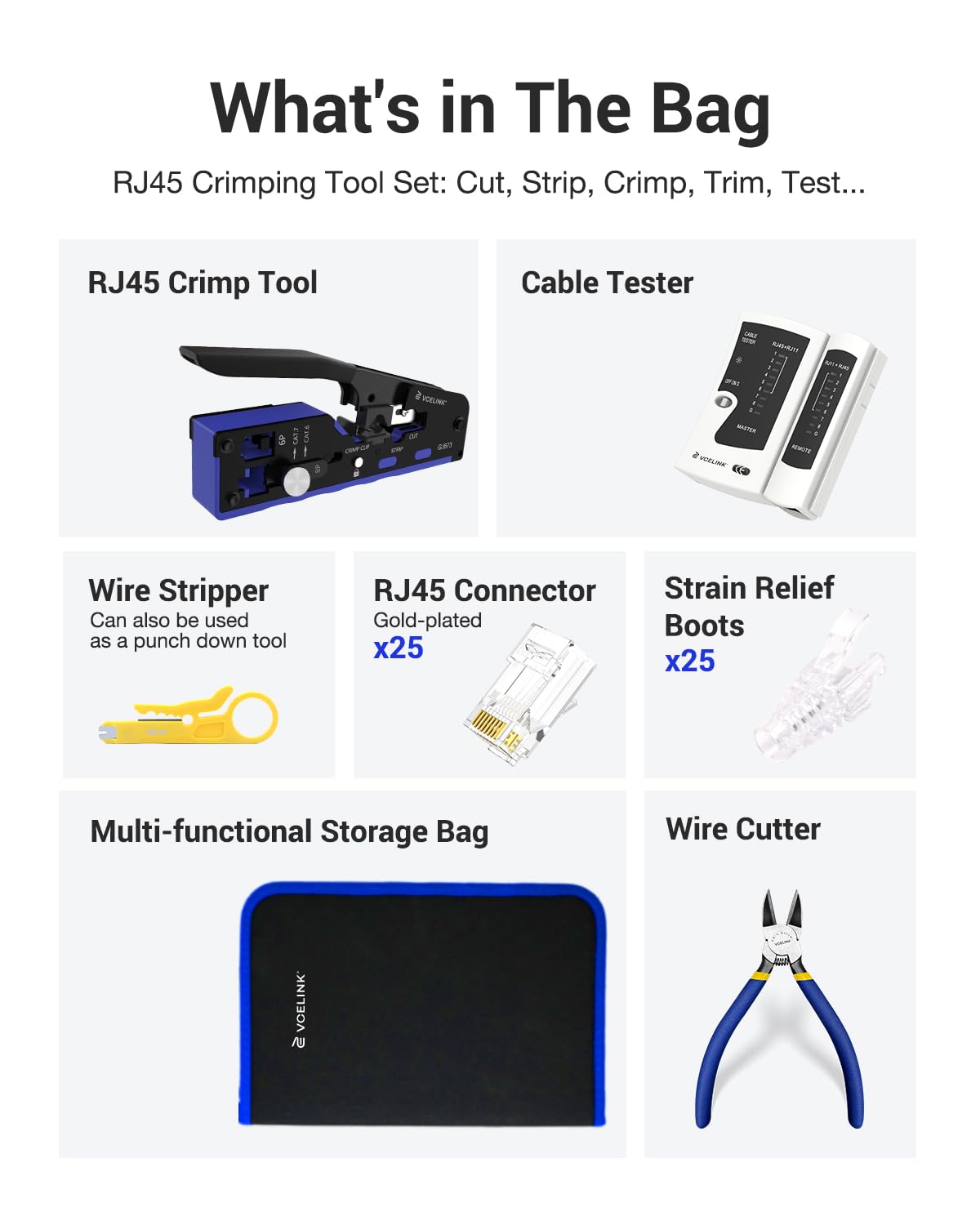 VCELINK Upgraded RJ45 Crimping Tool Kit for CAT7/6A/6/5E/5 with a Pass Through Ethernet Crimper,25 Cat6 RJ45 Connectors & Strain Relief Boots - Image 2