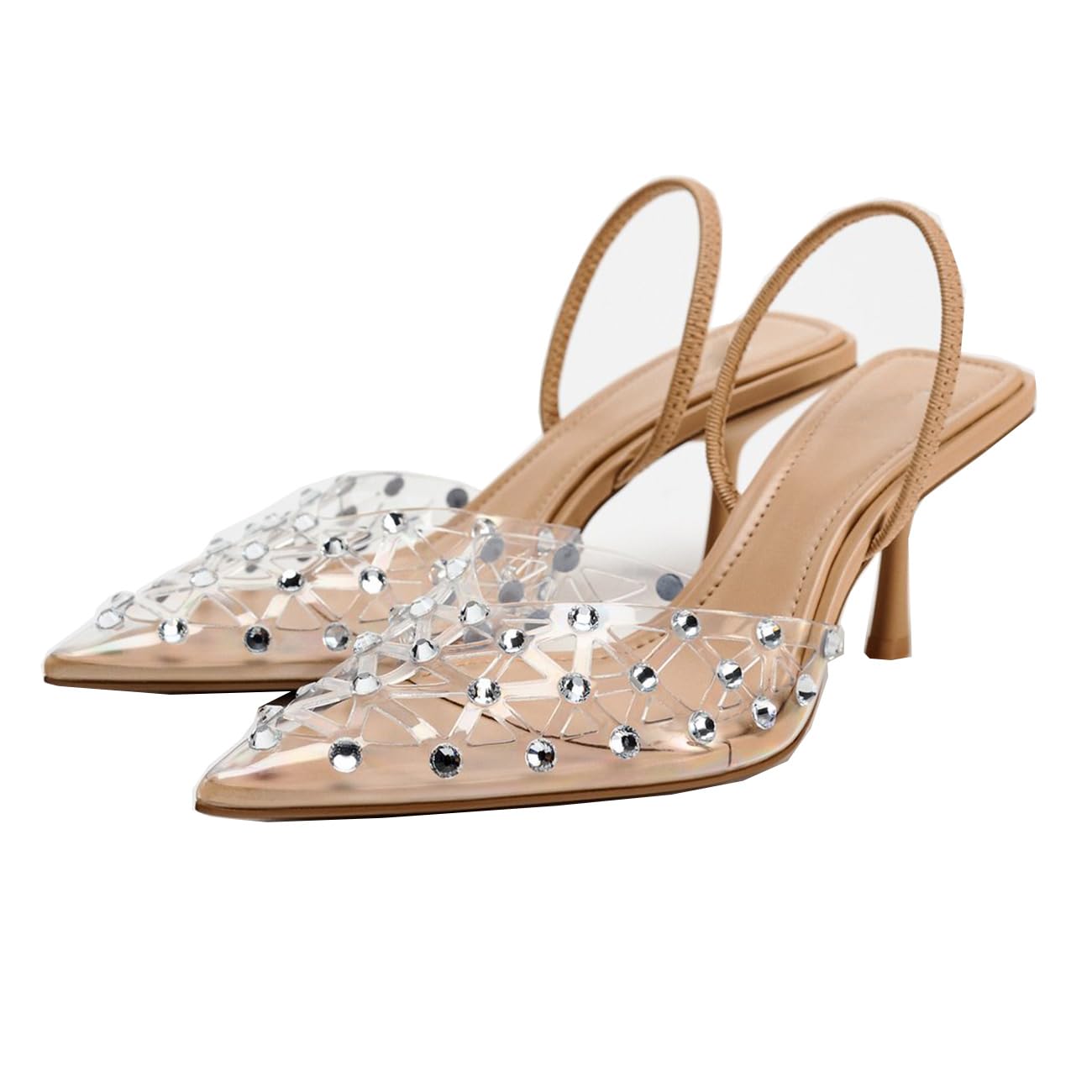 Zapatos De Tacón Bajo Con Cristales - Salón Transparente De PVC Punta Fina | Ideal Para Bodas, Fiestas Y Noches Especiales