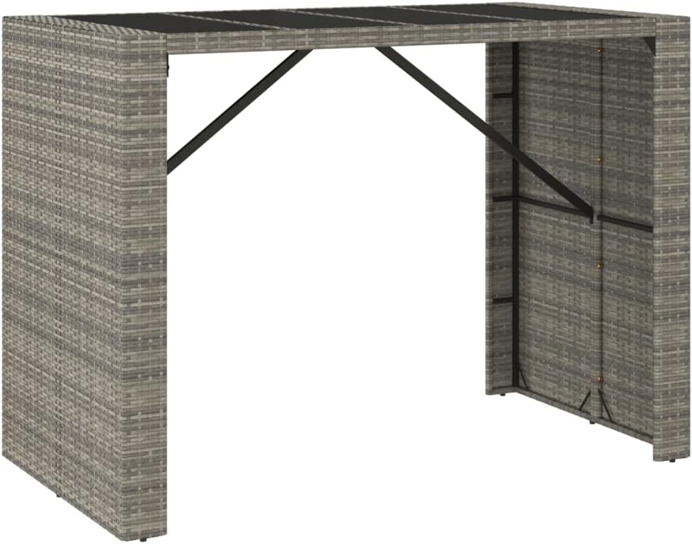 vidaXL Modern Patio Bar Table - Weather- Gray Poly Rattan with Glass Top - Perfect for Garden, Outdoors, Poolside, 57.1"x31.5"x43.3"