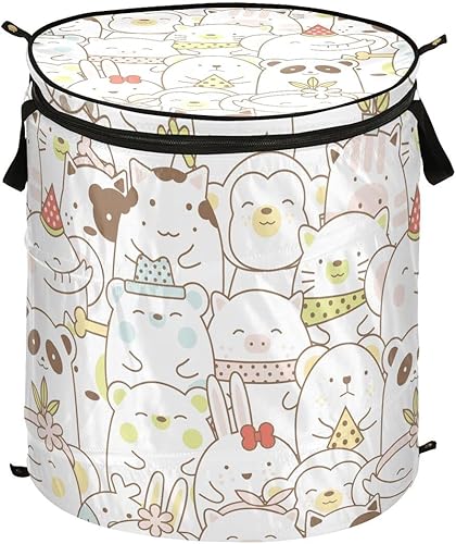 Cesta de lavandería independiente con tapa, lindo animal para bebé, plegable, grande, con asa, organizador de juguetes redondo plegable para niñas y
