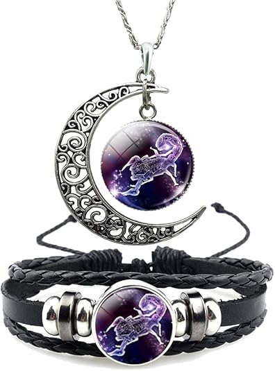 12 Zodiac Constellation Necklace Bracelet Time Gemstone Horoscope Astrology Moon Crescent Necklace for Women Men Birthday Gift Jewelry