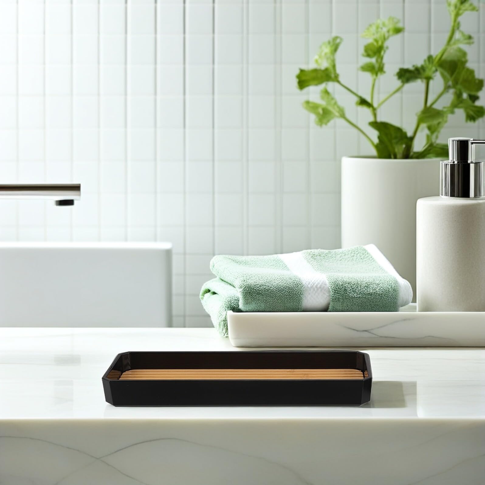 VANZACK Accessori per Bagno in Bambù Dispenser per Sapone Portaspazzolini e Bicchieri per Lavabo Design Moderno e Sostenibile per Uso Domestico o Professionale