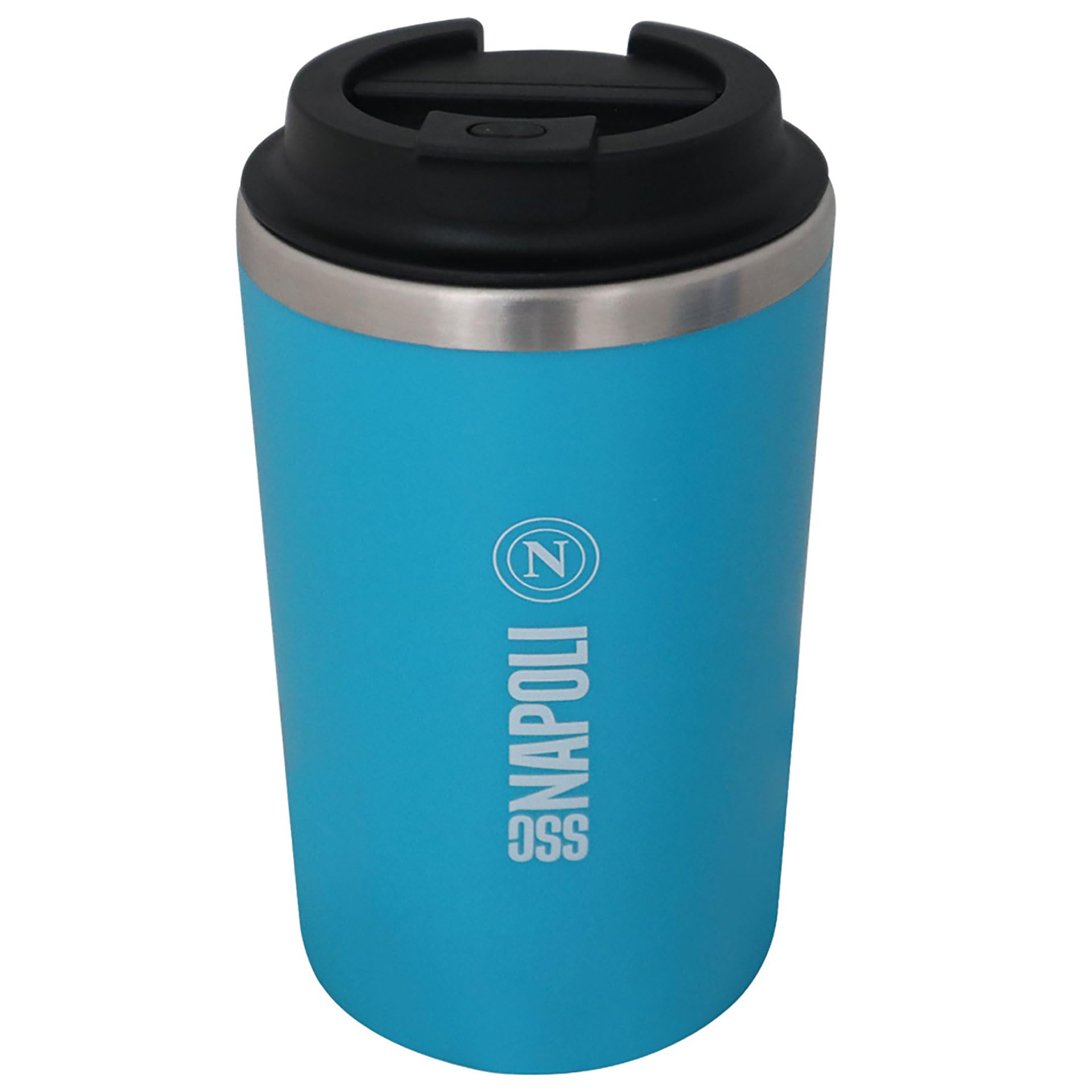 SSC NAPOLI Tazza da Viaggio In Acciaio Inox, Coperchio Ermetico, Anello Pieghevole, 350 ml