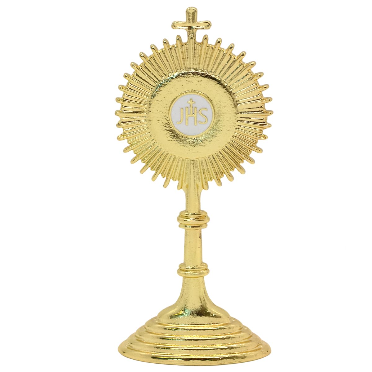 Monstrance Statue with Eucharistic Prayer Card | Catholic Eucharistic Adoration Decor | Gold Tone Blessed Sacrament Display | First Communion and Confirmation Gift | 4.25 Inch Religious Statue