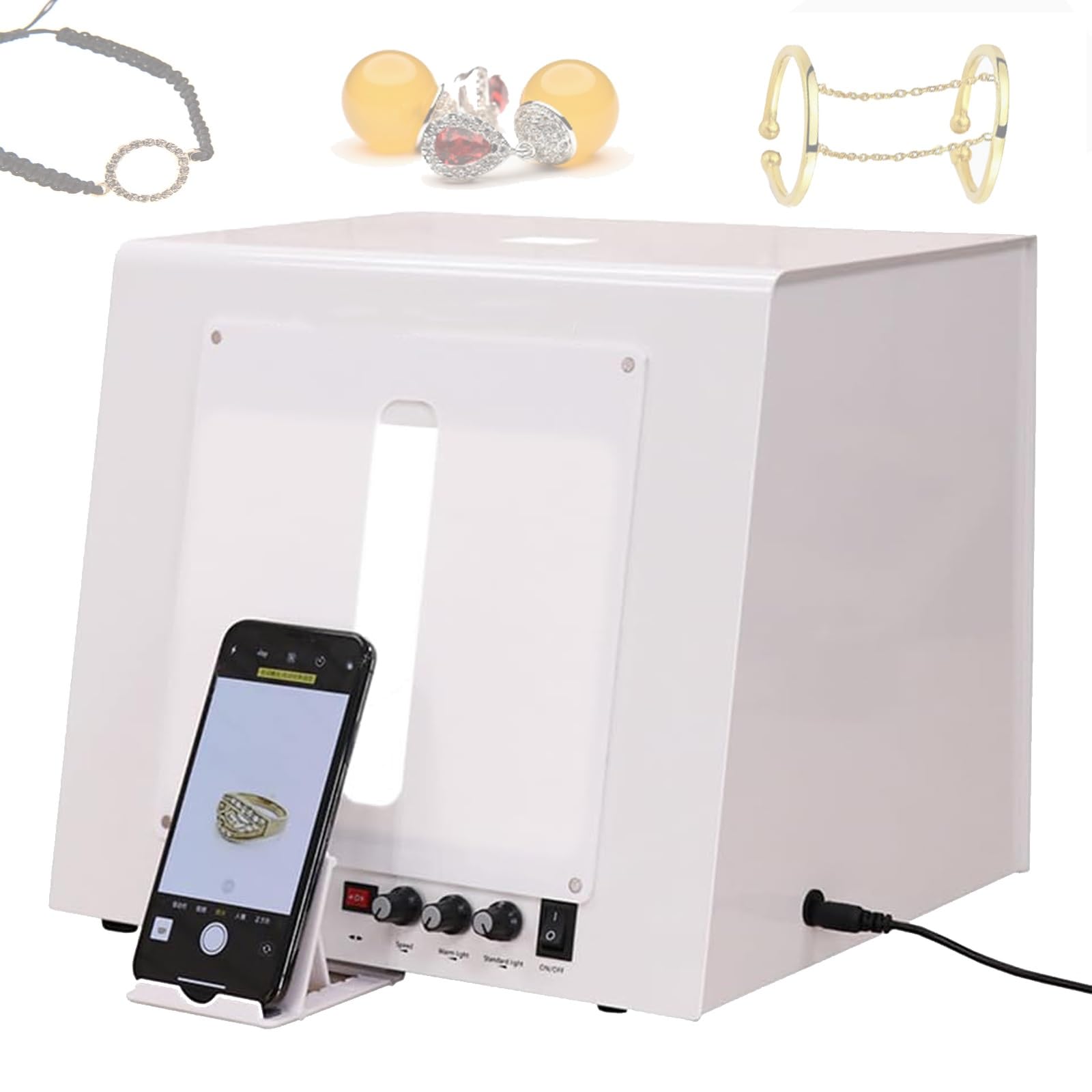 Light Box Portatile per Fotografia di Prodotti, Kit Professionale per Fotografia di Gioielli con Piatto Girevole Elettrico a 360°, Tenda Fotografica dimmerabile da 3000 a 5500 K(S)