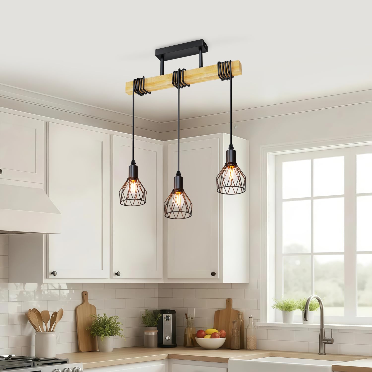 LVWIT Lamparas Colgantes de Techo Negro, Lampara Colgante Isla Cocina, Lámpara de Techo de Madera, Lámparas Colgantes con 3 Cabezales E14,Ideal para Salón,Comedor,Dormitorio,Bar(Sin Bombillas)
