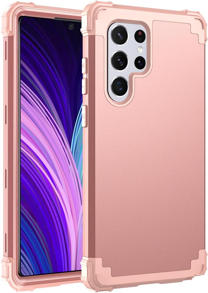 Anreixx Case Compatible with Samsung Galaxy S22 Ultra, 3 in 1 Rugged Shockproof Full Protective Case with Hybrid Hard PC Outer and Soft Silicone Inner, Heavy Duty Bumper Full-Body Phone Cover Pink