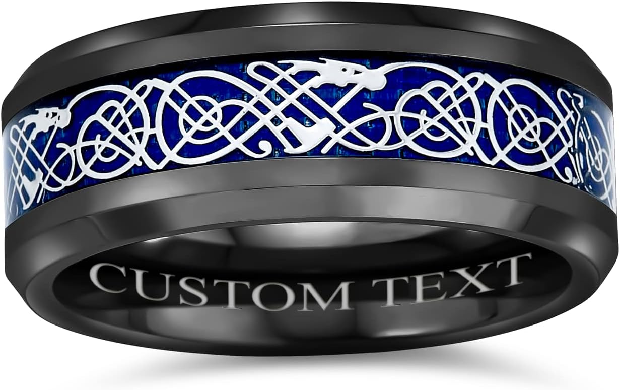 Personalize Two Tone Celtic Knot Dragon Carbon Fiber Inlay Couples Silver Gold Tones Titanium Wedding Band Rings For Men For Women Comfort Fit 8MM Wide In Blue Black Golden Colors Customizable